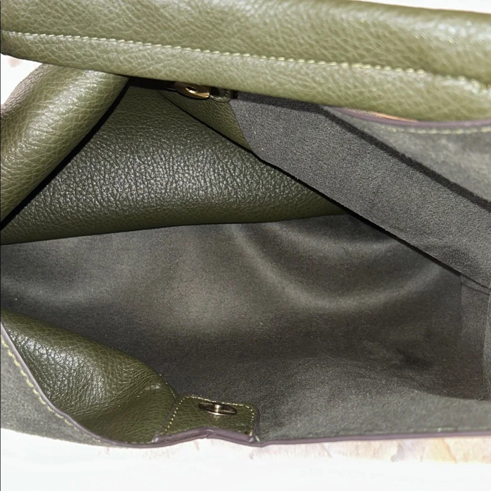 Olive Green Leather And Suede Hobo Tote Bag - Picture 6 of 10